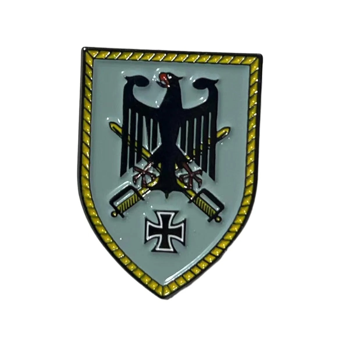 German badge replica featuring a black eagle emblem with crossed swords