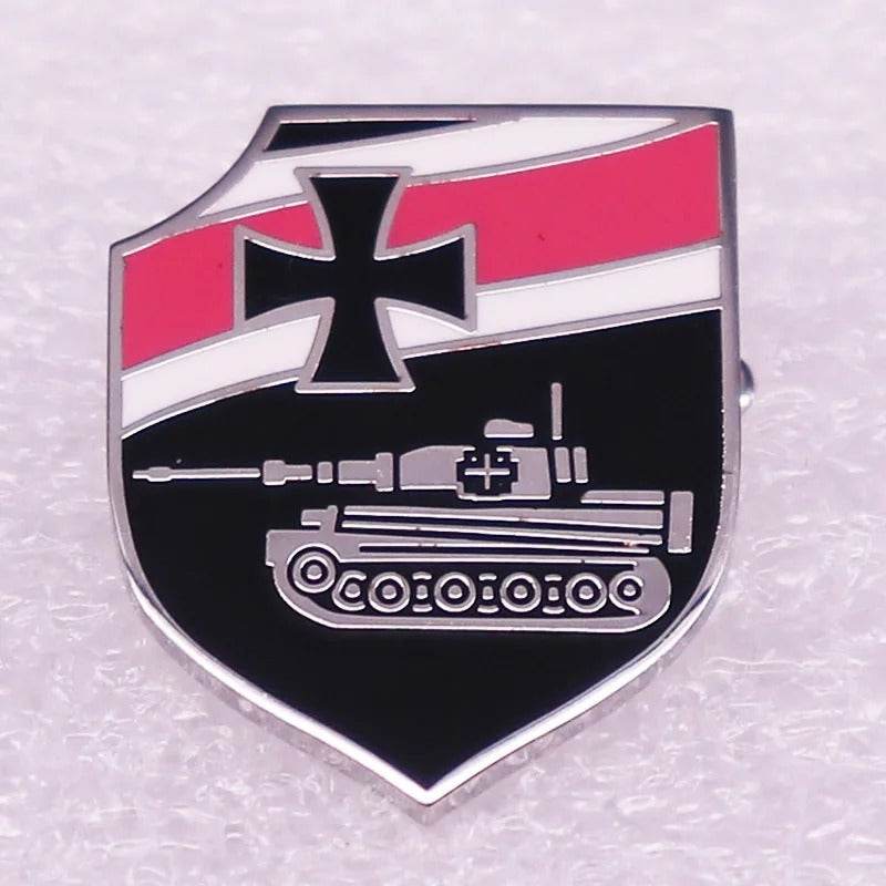 German badge replicas featuring a tank design on a shield