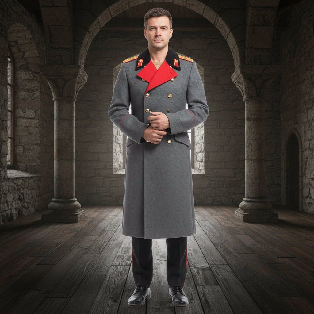 German historical uniform-style gray overcoat replica with red lapel detail and gold-tone buttons for costume display