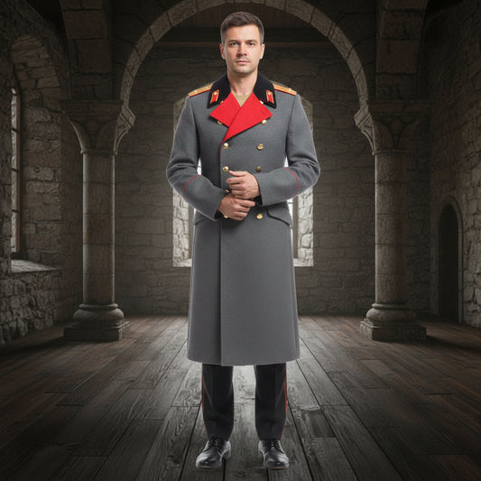 German historical uniform-style gray overcoat replica with red lapel detail and gold-tone buttons for costume display