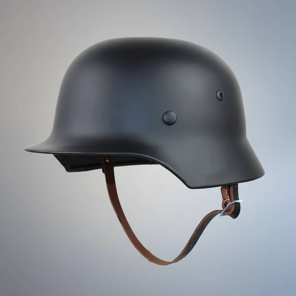 German M35 helmet in black with leather chin strap for military use