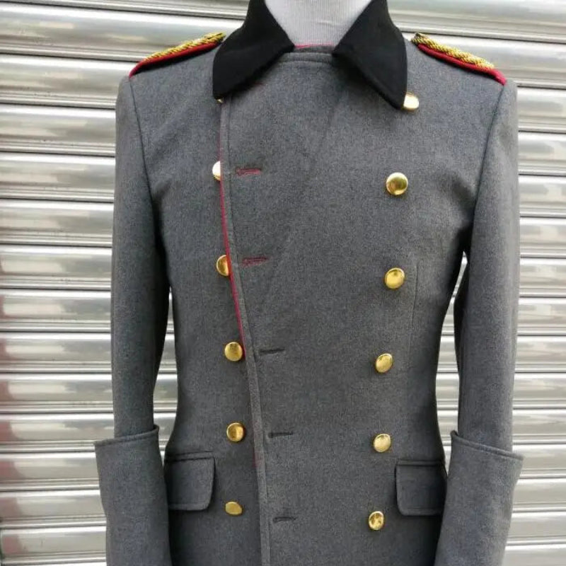 Gray German overcoat replica with gold buttons and collar for military enthusiasts
