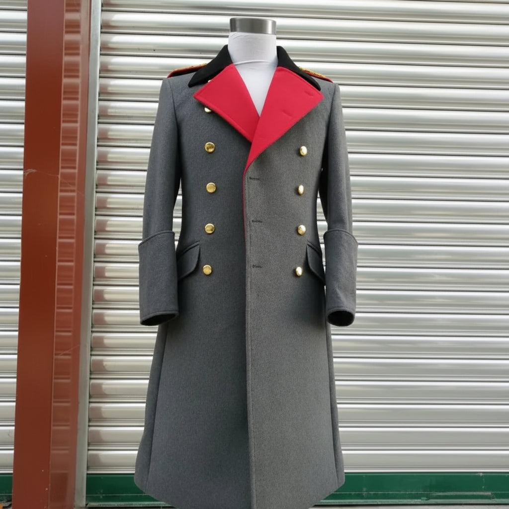German overcoat replica in grey with red collar for stylish outdoor wear