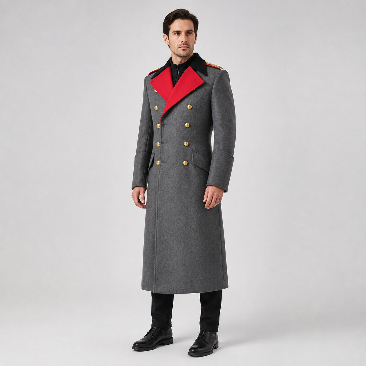 German overcoat replica in gray with red collar for historical reenactments