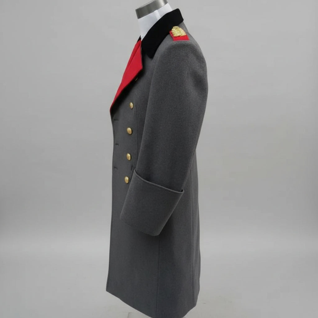 German Overcoat Replica in gray with gold buttons and red accents for historical reenactments