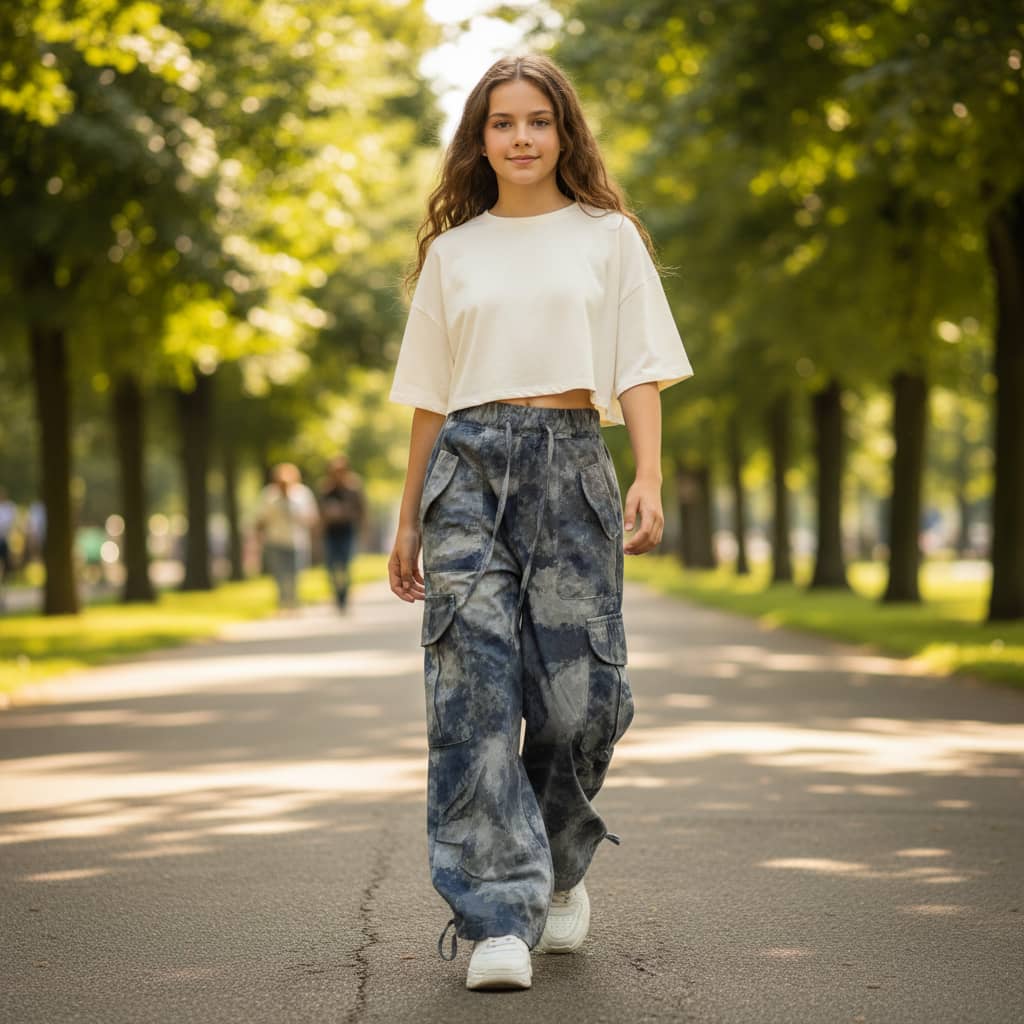 Wide-leg cargo pants featuring a blue and gray watercolor camouflage pattern, with an elastic drawstring waist, side cargo pockets, and adjustable ankle cuffs.