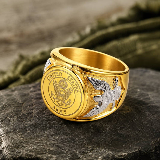 Gold US Army ring with eagle design, perfect for military pride