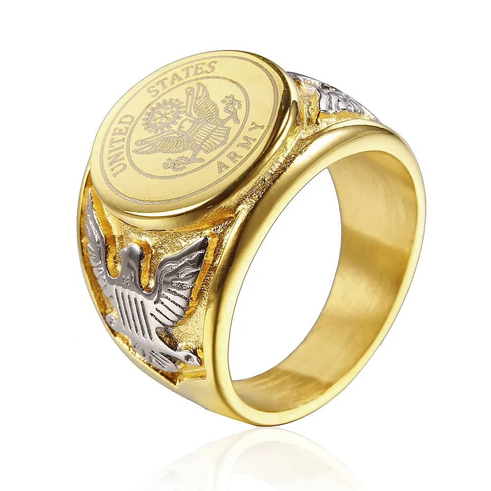 Gold US Army ring with eagle emblem and engraved design for military pride