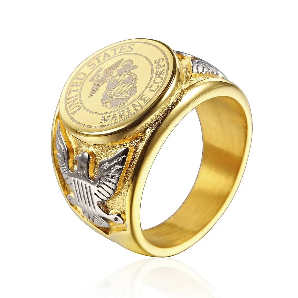 Gold US army ring with United States Marine Corps emblem and eagle design