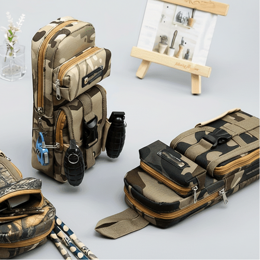Camo zippered pencil case for kids with multiple compartments and accessories