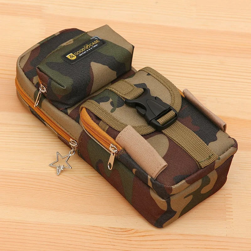 Camo pencil case with multiple compartments for kids' stationery