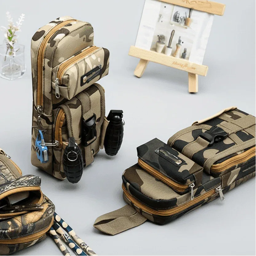 Camo pencil case with multiple compartments for school supplies