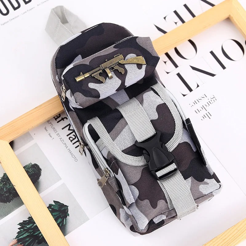 Camo pencil case in gray for kids with multiple storage compartments