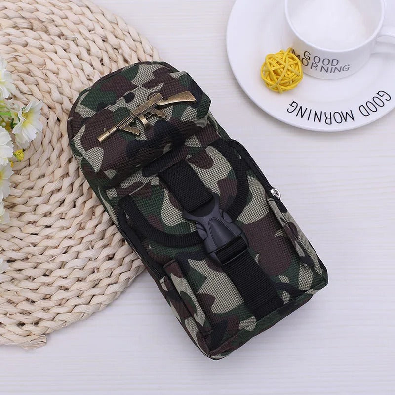Camo pencil case in green for kids with adjustable strap