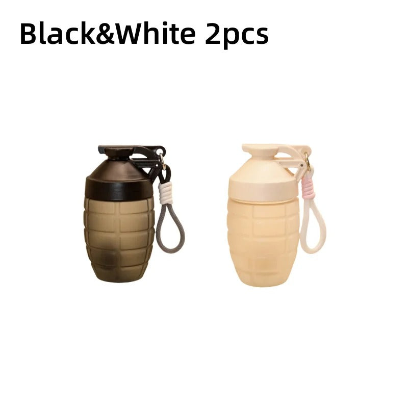 Set of two grenade shaped water bottles in black and white for outdoor enthusiasts