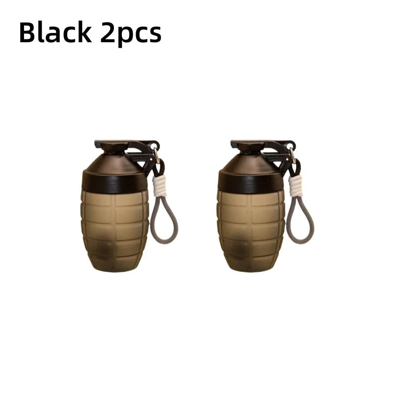 Set of two black grenade shaped water bottles with a sturdy design for outdoor use