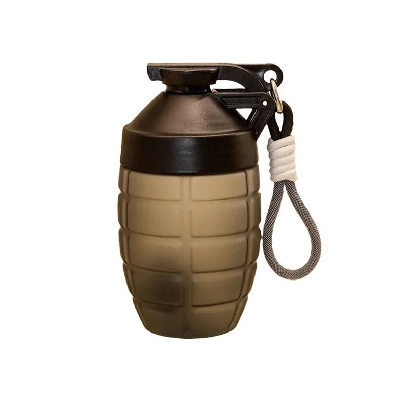 Grenade shaped water bottle in olive green with black lid and loop for easy carrying