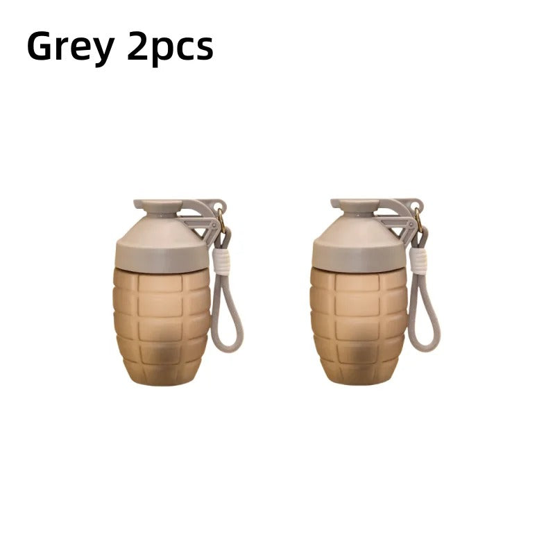 Set of 2 grey grenade shaped water bottles with secure caps for outdoor adventures