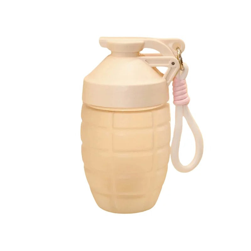 Grenade shaped water bottle in beige with a secure lid and convenient carrying strap