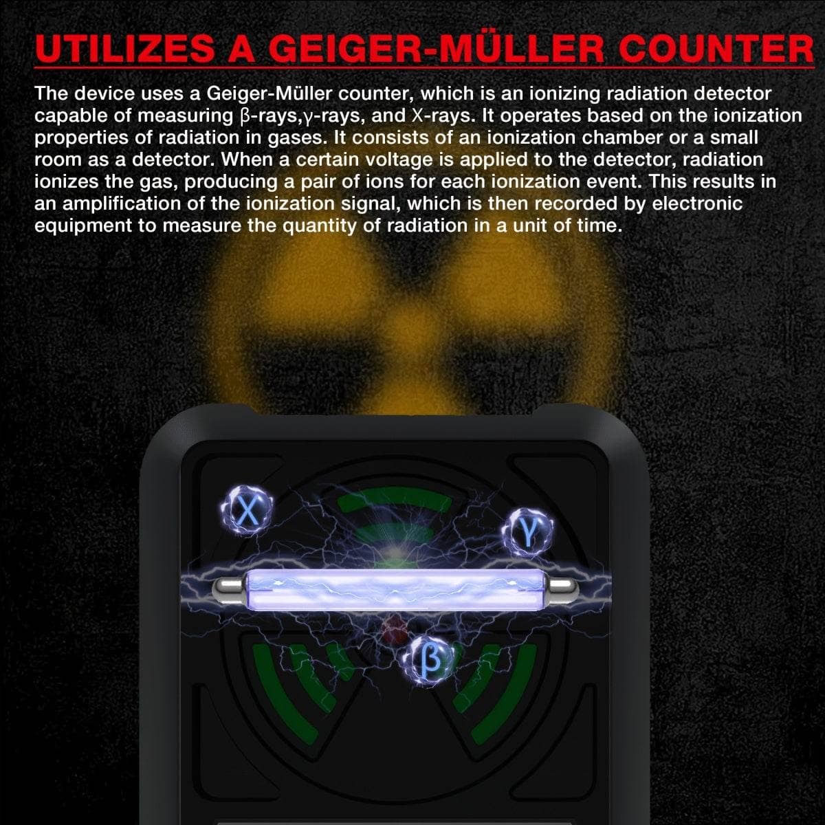 HT629 radiation detector with Geiger counter for measuring ionizing radiation