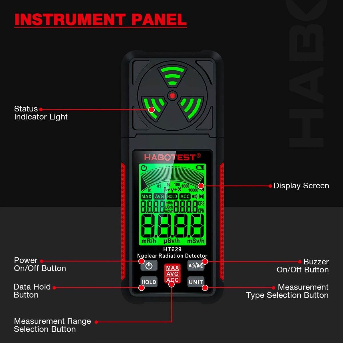 HT629 radiation detector with display screen for accurate measurement of radiation levels