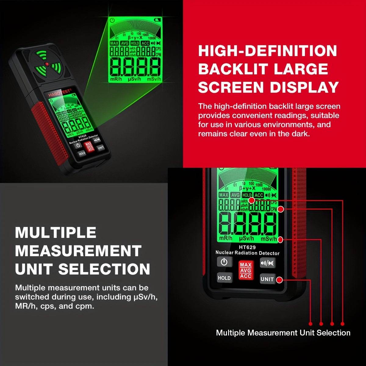 HT629 radiation detector with backlit display for precise measurements