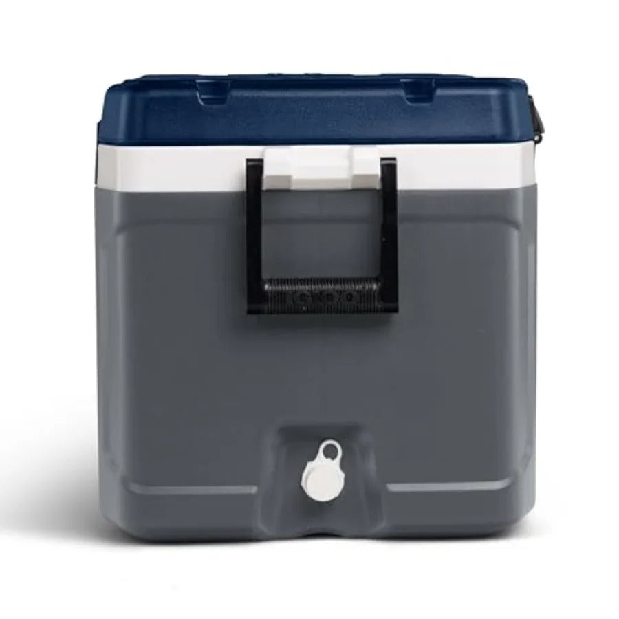 Gray hard cooler box with blue lid for outdoor adventures