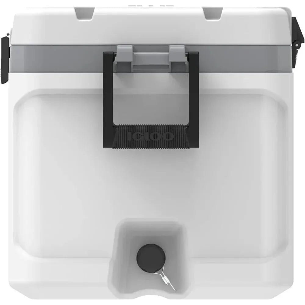 Durable hard cooler box with a sturdy handle and drain plug for outdoor adventures