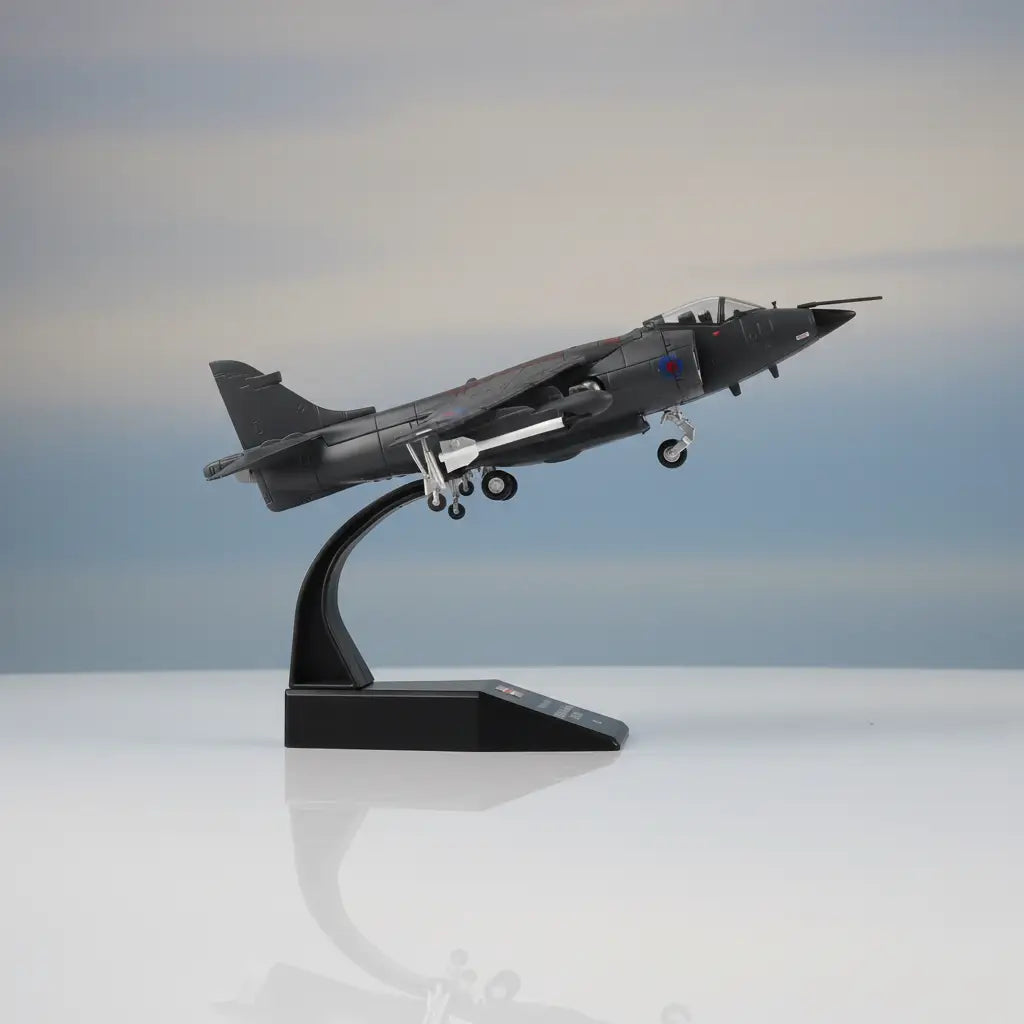 Harrier jet model in black with display stand for aviation enthusiasts
