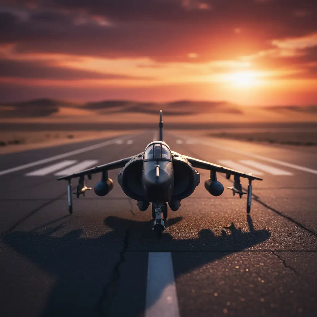 Harrier jet model on runway at sunset for aviation enthusiasts