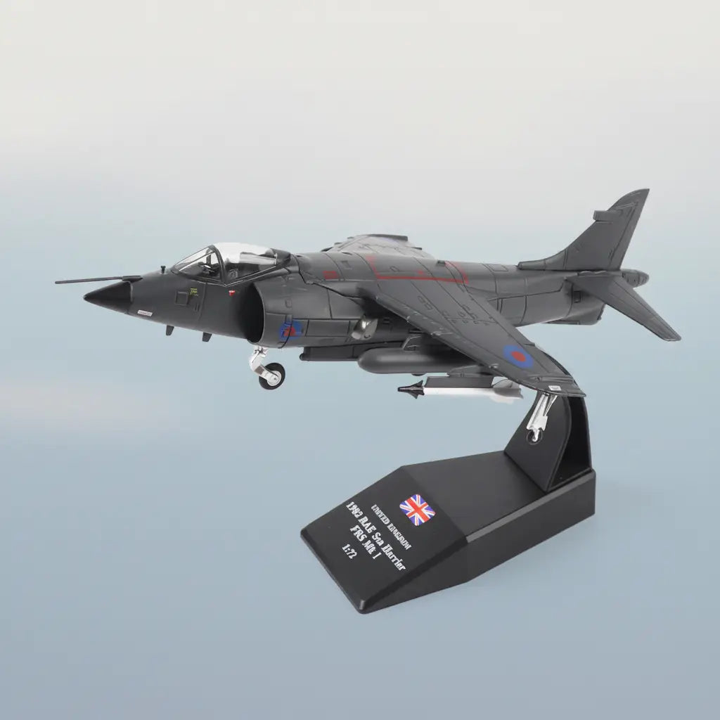 Harrier jet model in gray with detailed cockpit and stand for collectors