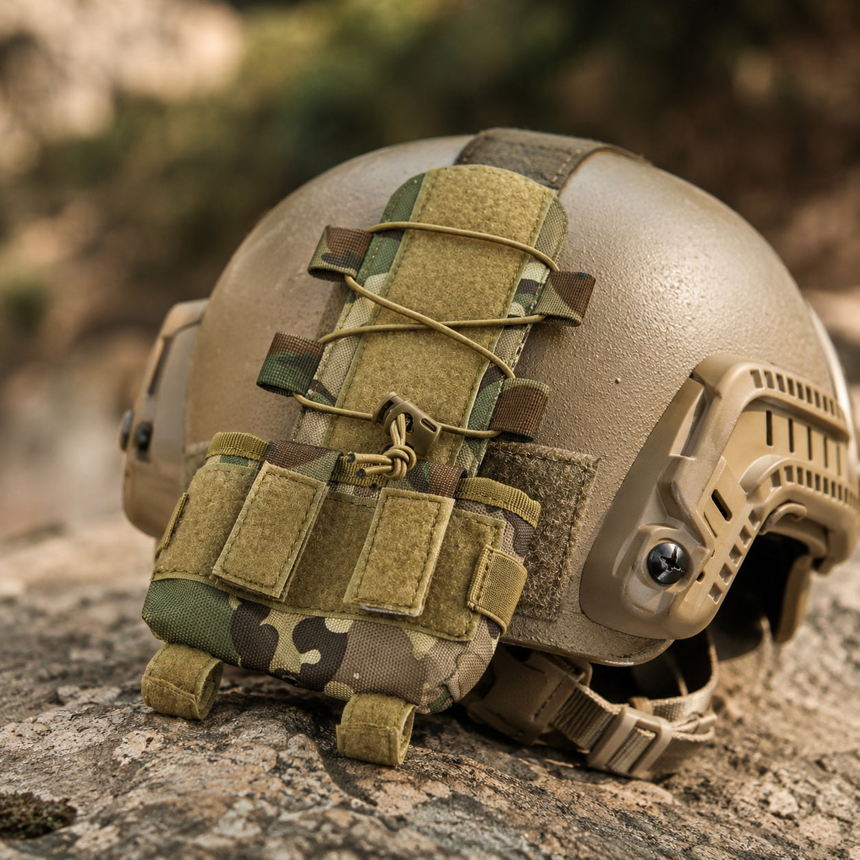 Helmet battery pouch for MK2 battery pack with strap attachment and elastic loops