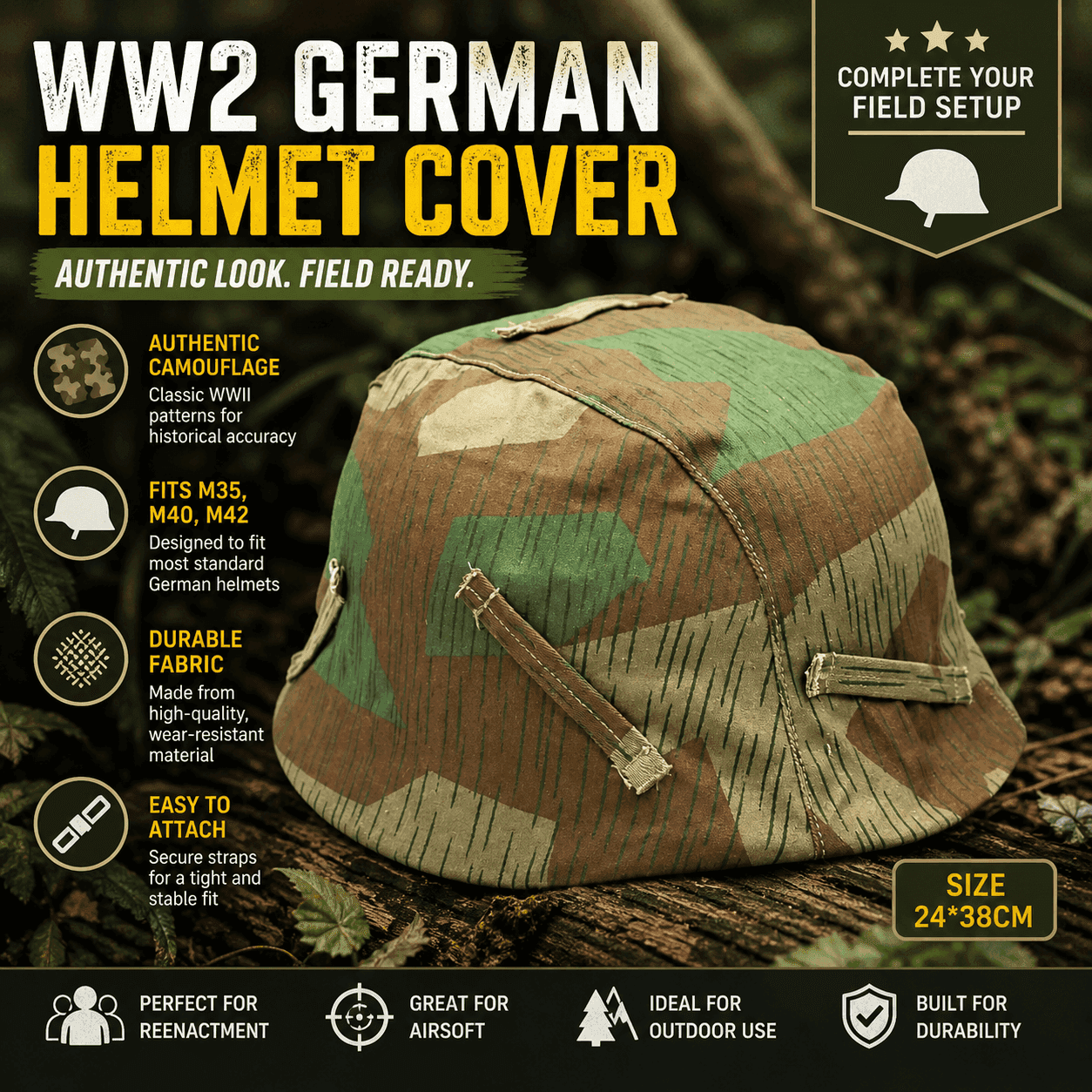 WW2 German helmet cover in camo, ideal for reenactment and airsoft use