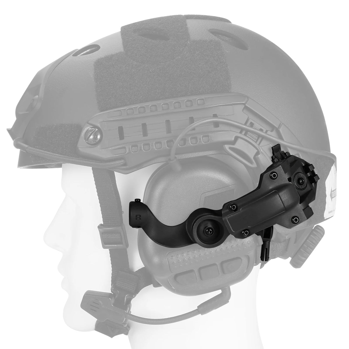 Black headset adapter mounted on the side of a helmet