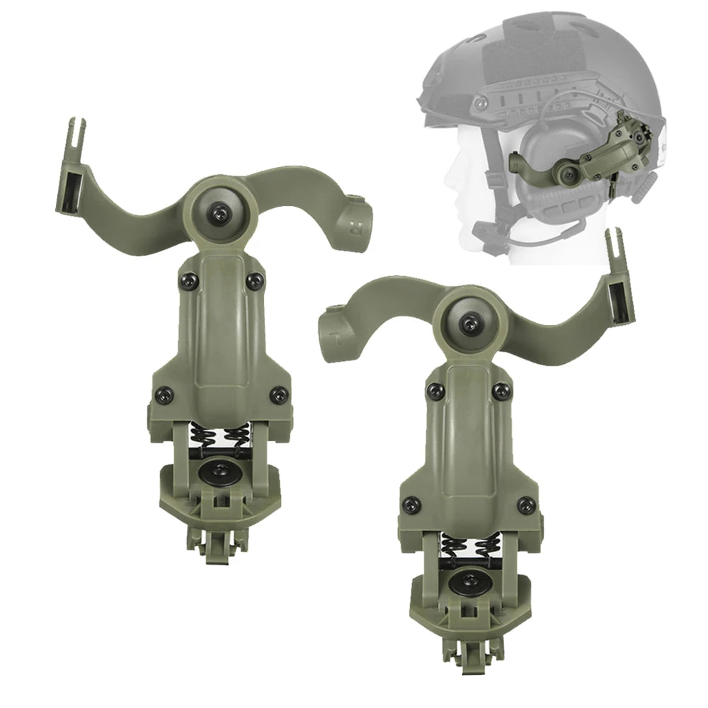 Green helmet rail headset adapter pair with helmet installation example