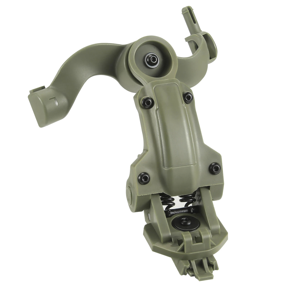 Front detail of green helmet headset rail mounting adapter bracket with pivot joint and springs