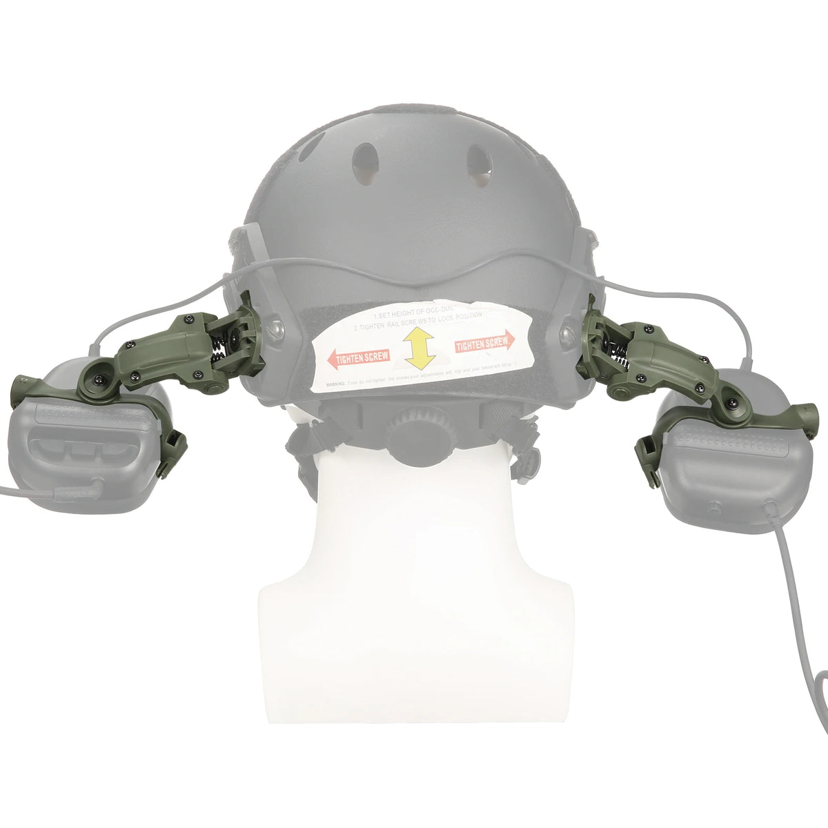 Rear view of green headset adapters mounted on helmet rails