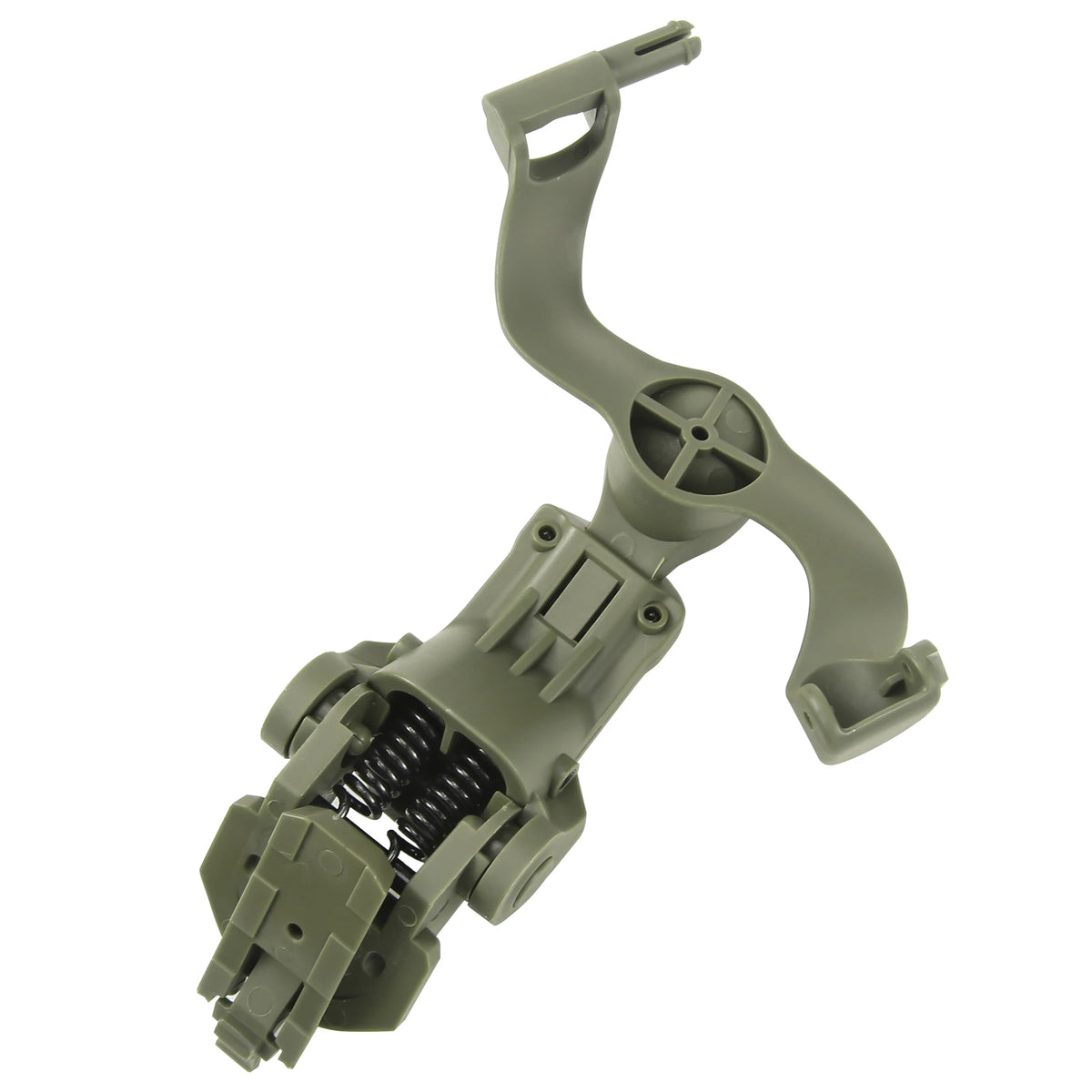 Rear detail of green helmet headset rail mounting bracket and rail attachment