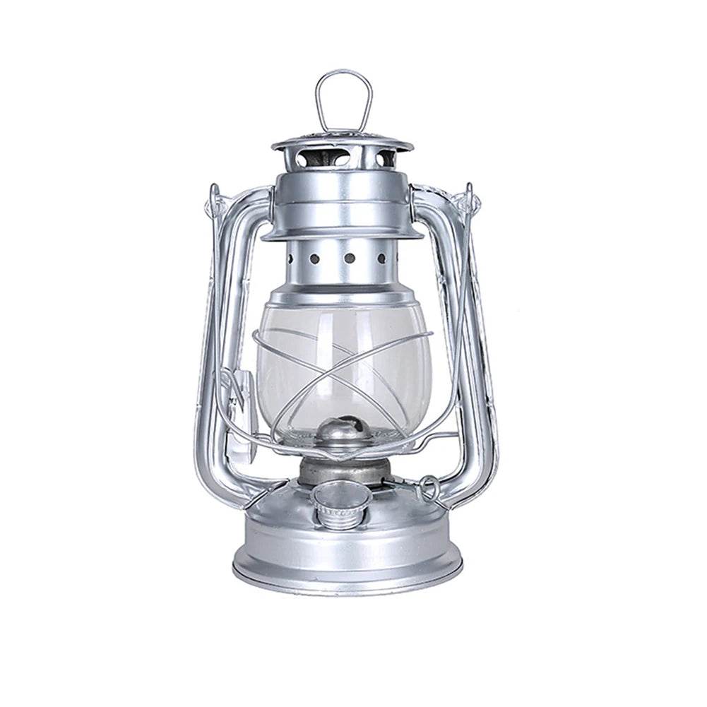 Retro Kerosene Lamp in Silver Finish with Glass Reservoir for Camping and Outdoor Use