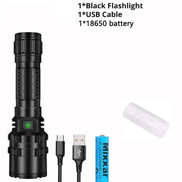 High power tactical flashlight in black with USB cable and battery for outdoor use