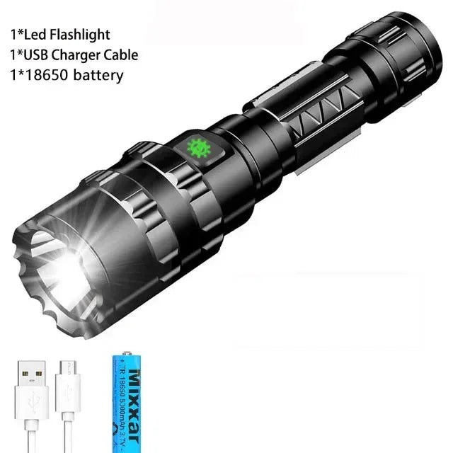 High power tactical flashlight with USB charger and rechargeable battery