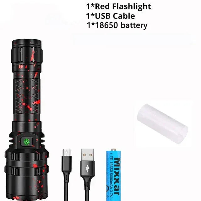 High power tactical flashlight in red with USB cable and rechargeable battery