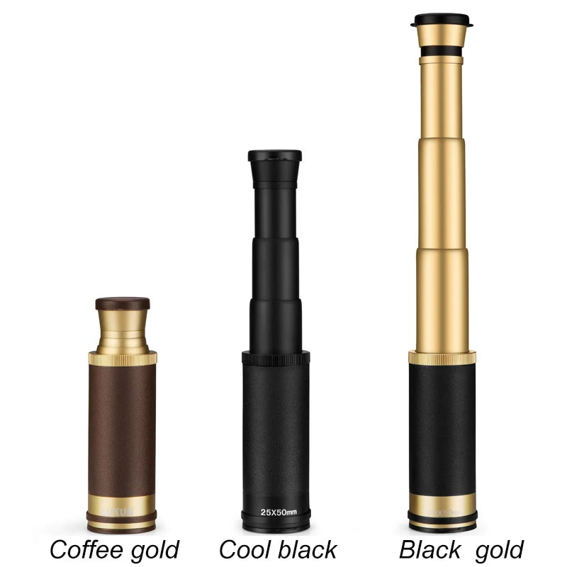 Three high-powered monocular telescopes in coffee gold, cool black, and black gold finishes