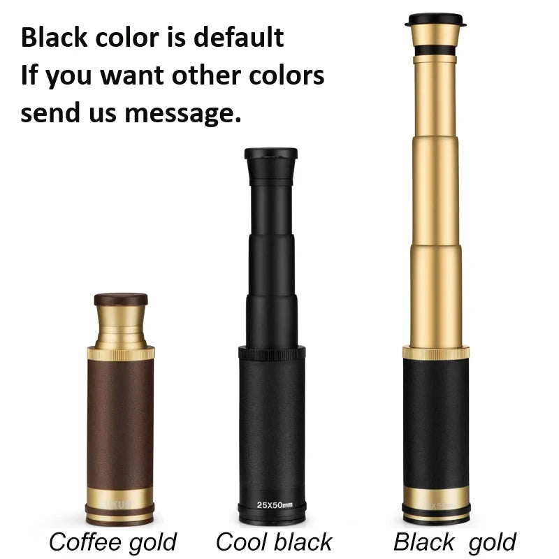 High-powered monocular telescope in three colors: black, coffee gold, and black gold for outdoor viewing