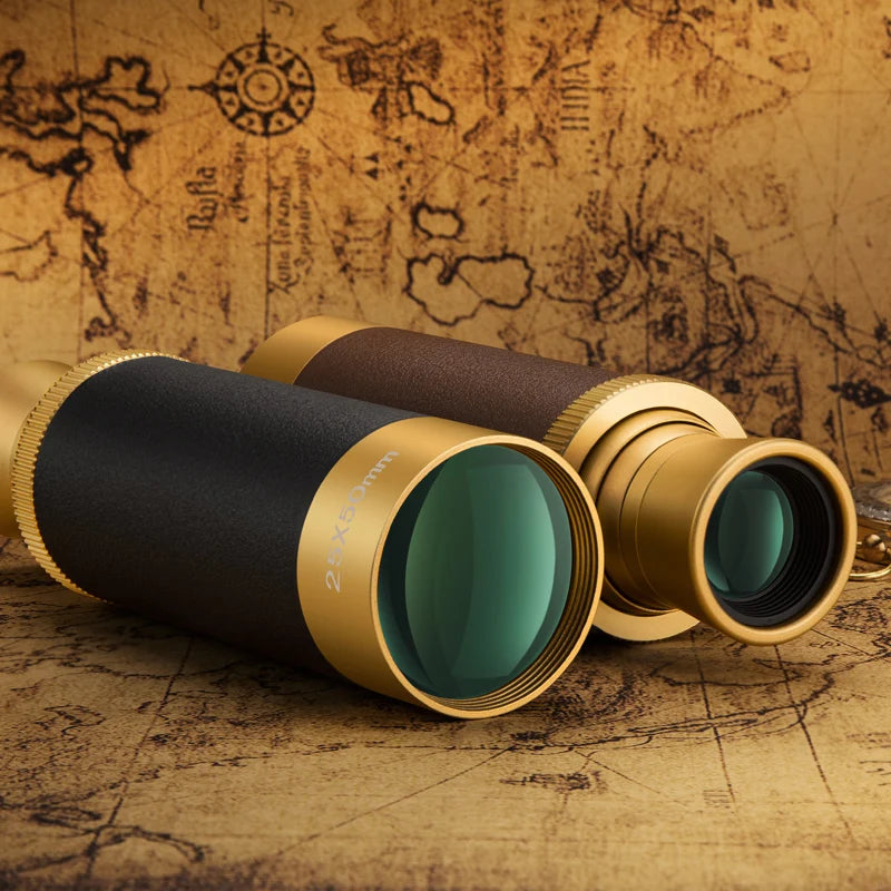 High-powered monocular telescope with gold accents on an antique map background