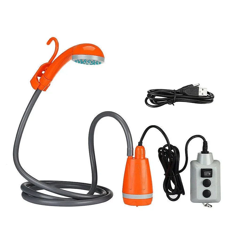 Orange high pressure camping shower with flexible hose and pump