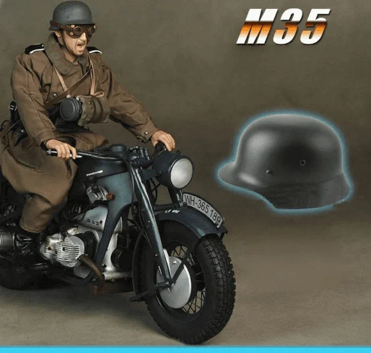 High quality German M35 helmet displayed with a military figure riding a vintage motorcycle