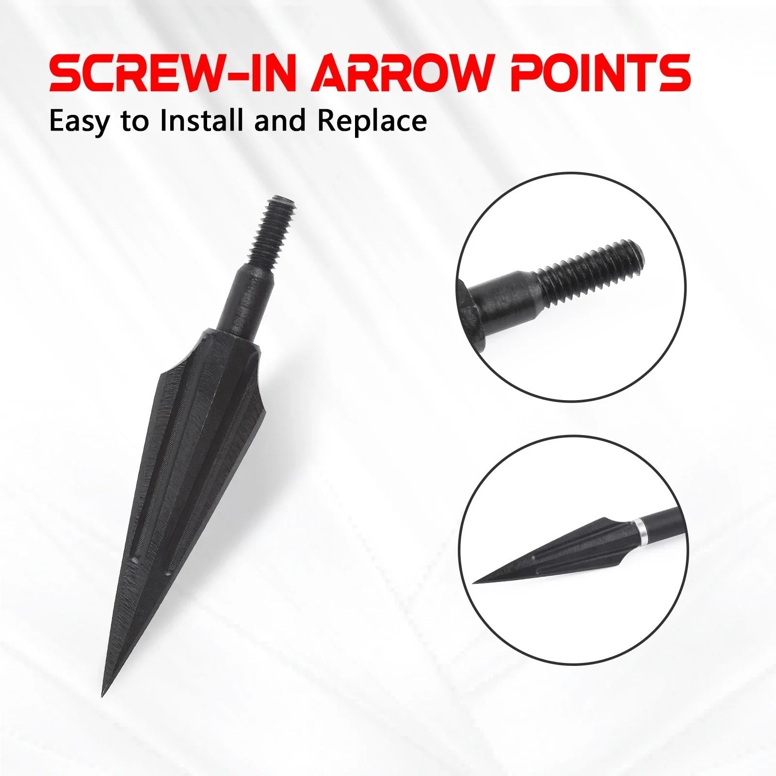 Screw-in arrow points featuring hunting arrowheads, designed for easy installation and replacement