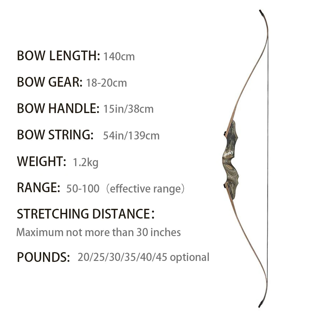 Military-Outdoors Hunting Recurve Bow with 140cm length and effective range of 50-100 yards