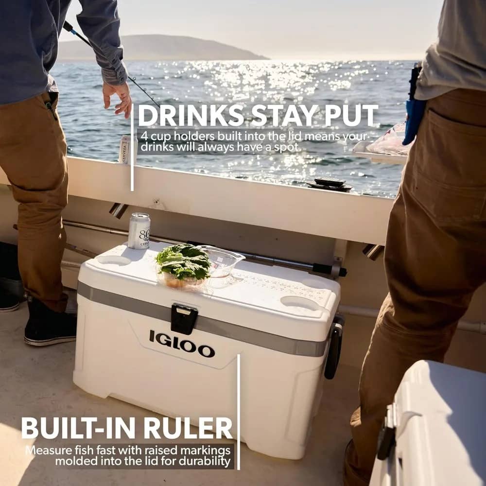 Igloo hard cooler box with cup holders and built-in ruler for fishing trips